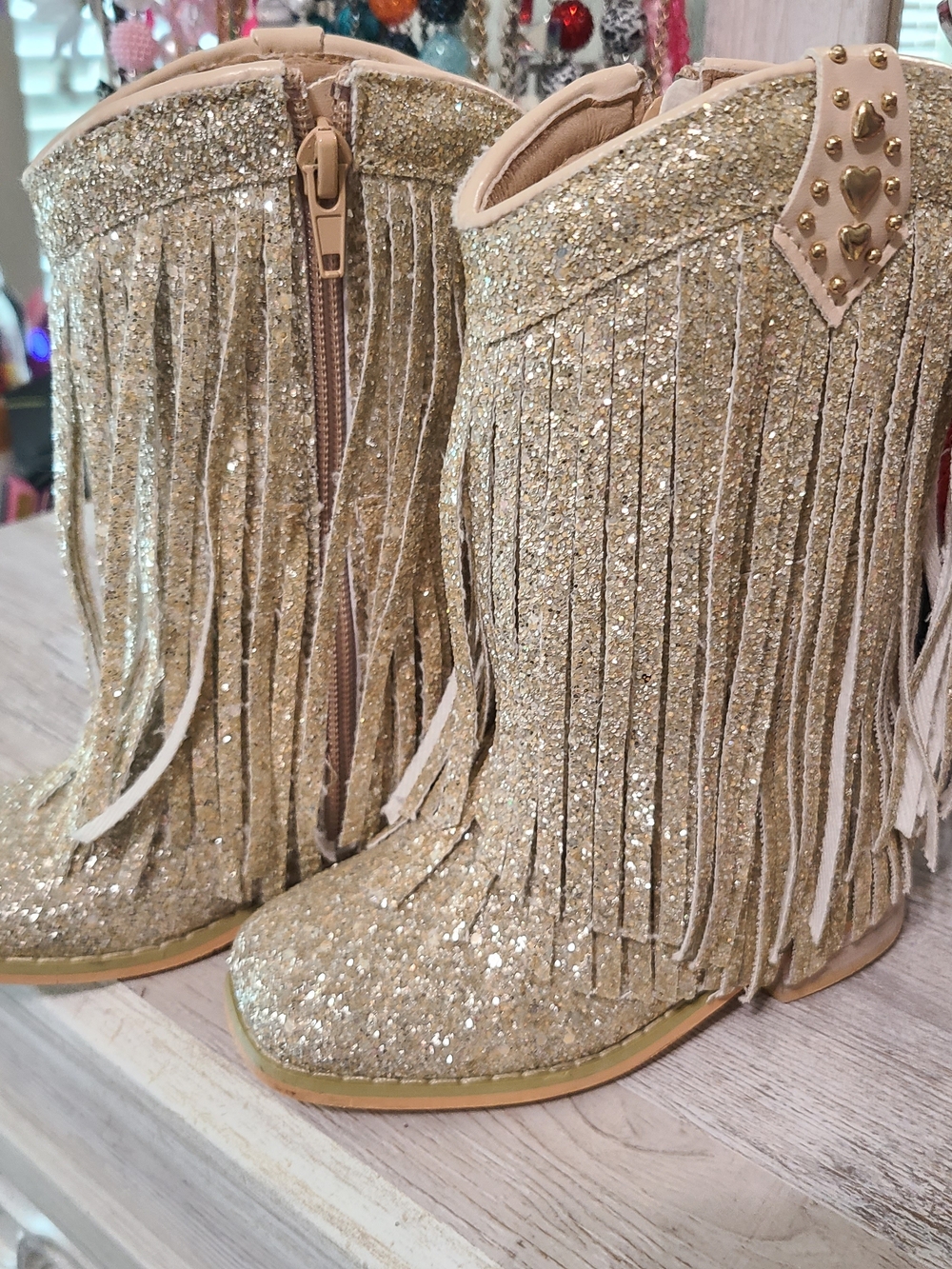 Glitter Fringe Cowboy Boots - Gold/Champagne